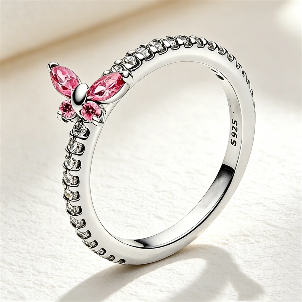Women's 925 Silver Pink Blue Butterfly Love Ring