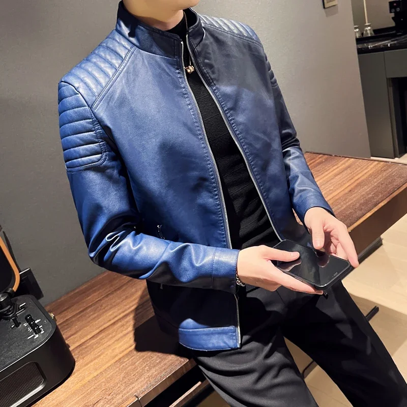 2023 Autumn Winter Leather Jacket Men Slim Casual PU Coat Moto Biker Stand Collar Solid High Quality Korean Leather Jakcets Man