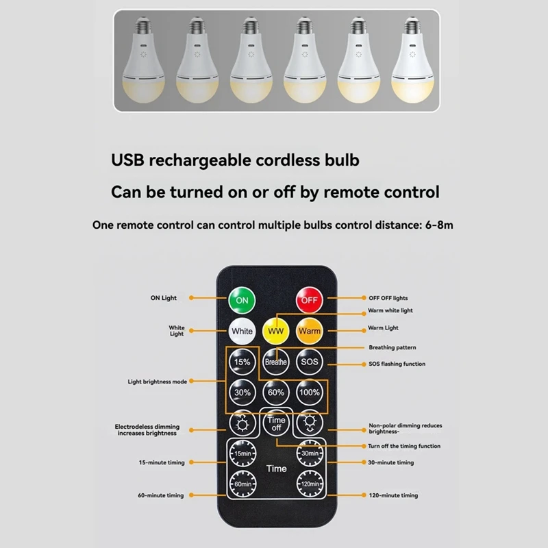 Bombilla LED recargable por USB inalámbrica con atenuación táctil inteligente, interruptor de sincronización remota de temperatura de 3 colores para el hogar al aire libre