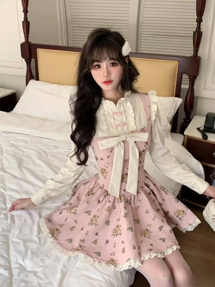 ฤดูร้อนดอกไม้หวาน Y2k ชุดมินิผู้หญิงโบว์เกาหลีแฟชั่นเจ้าหญิง Slim Dresses ความงามพิมพ์ชุดลําลอง Chic