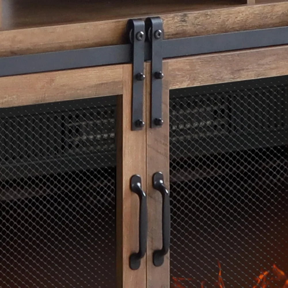 65 Rustic Oak Electric Fireplace TV Stand with Media Storage for Living Room