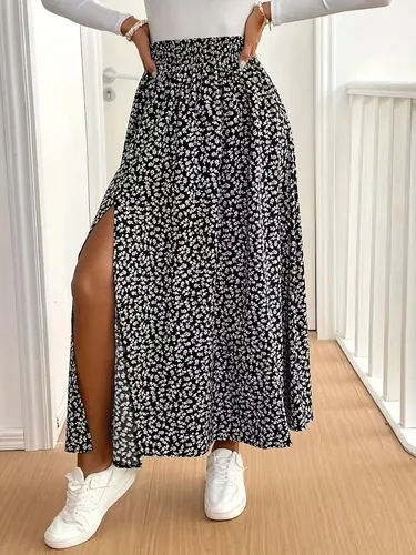 Imagen 2 del producto 2025 otoño nueva falda floral de media longitud con envoltura de cadera dividida en A y falda de cintura media