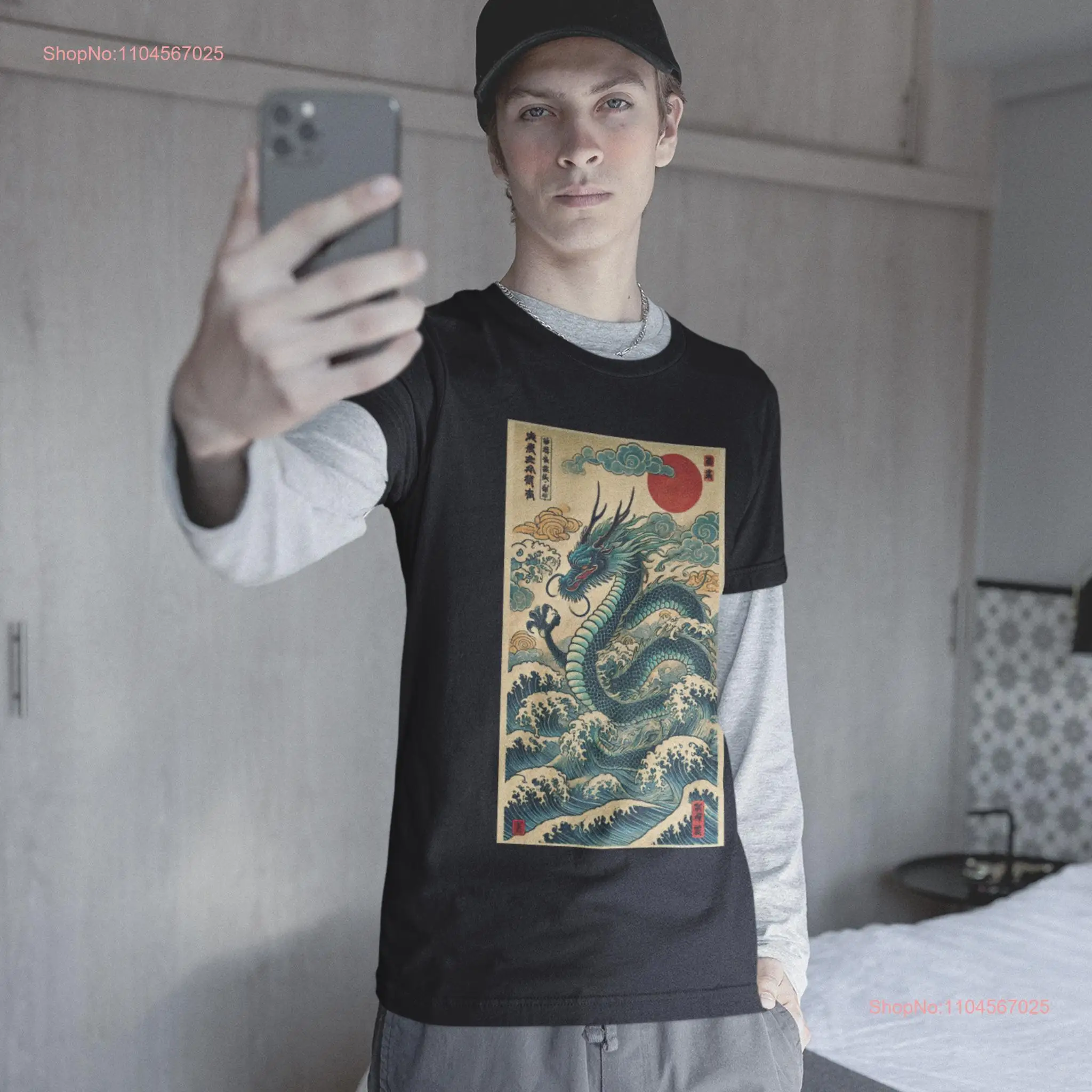 

Японская футболка с водным драконом и великими волнами, одежда в стиле ретро, стиль Ukiyo e, винтажная одежда с длинными или короткими рукавами