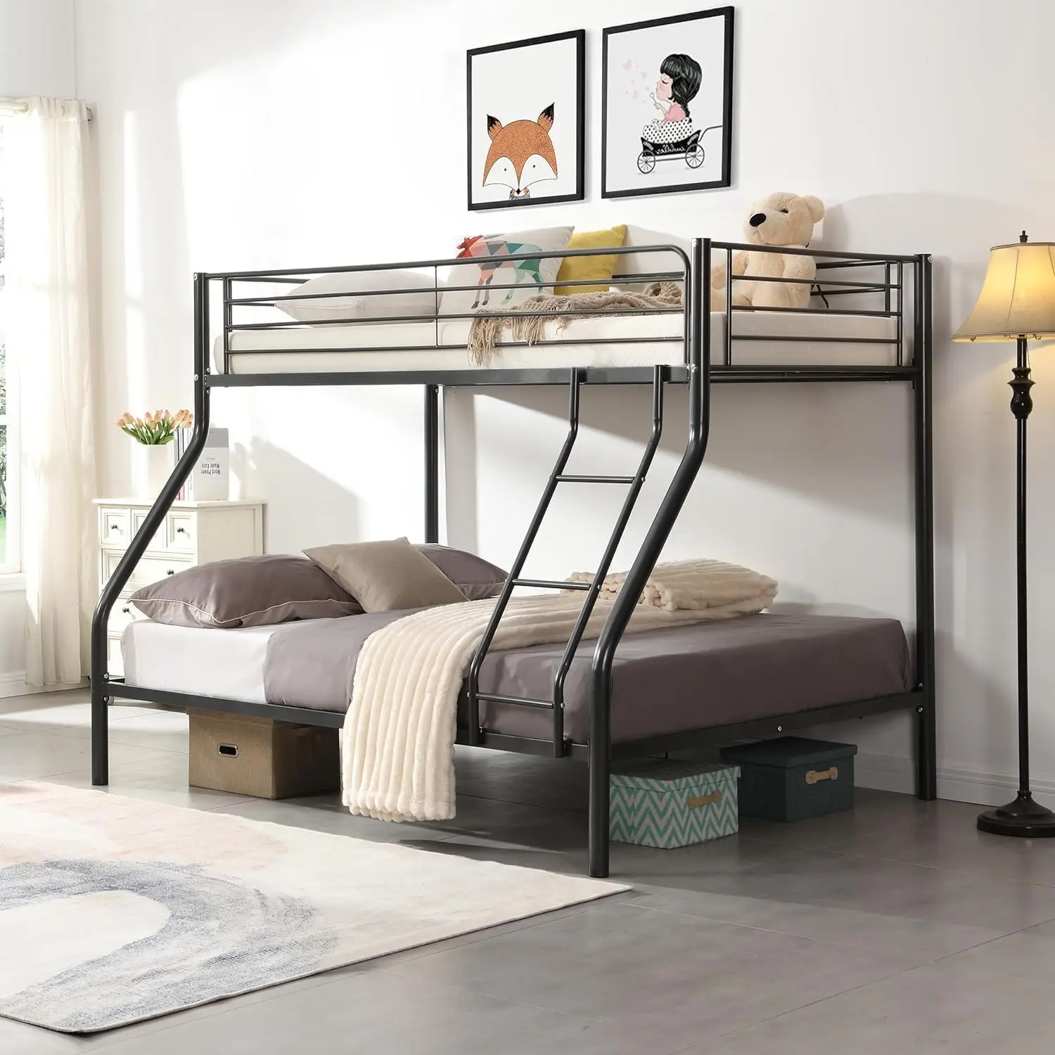 

Heavy-Duty Metal Bunk Bed Frame with Safety High Guardrails Ladder, Metal Twin Over Full Bunk Bed for Adults Kids, Bedframe