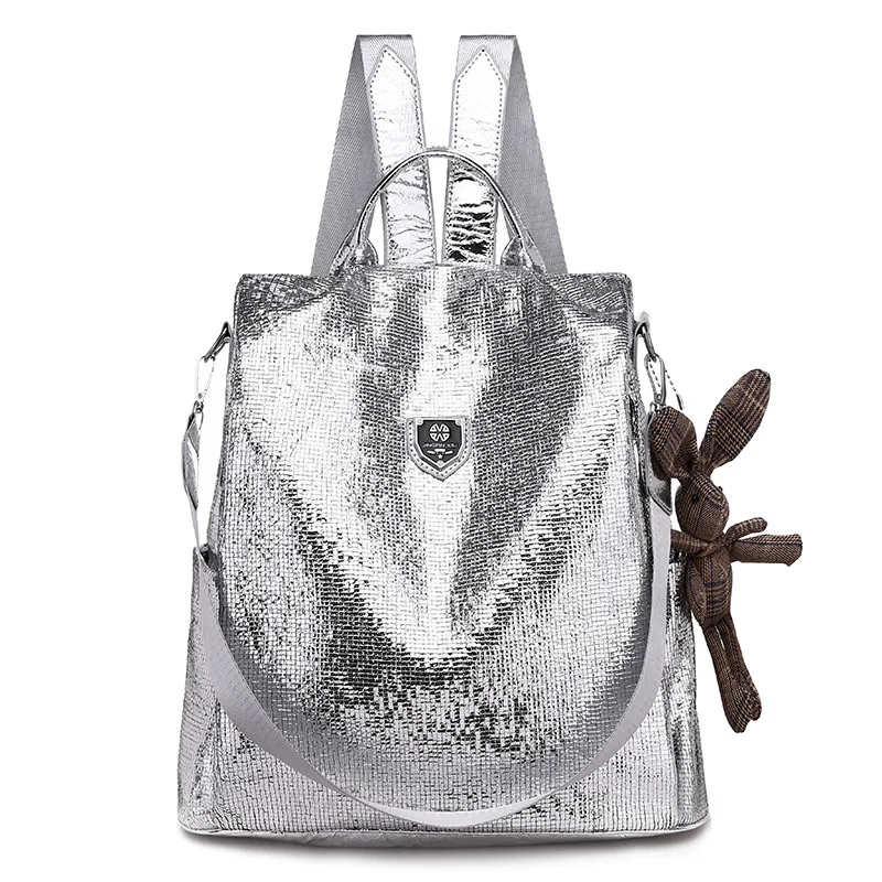 Silver Crack Faux Leather Backpack For Women Anti Theft Design Travel Schoolbag Convertible Fashion Shoulder Bag Daily Handbag