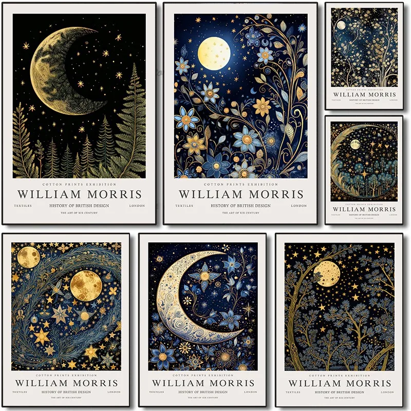 William Morris Vintage Exhibition Moon and Stars Forest Poster and Prints Canvas Printing Wall Art Picture for Living Room Decor