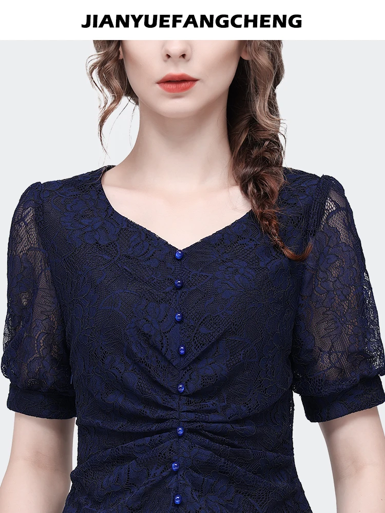 Vintage Hook Flower Hollow Women\' Short Sleeve V-neck Lace Shirt 2023 Summer Tops Slimming Cinch Waist Casual Blouses