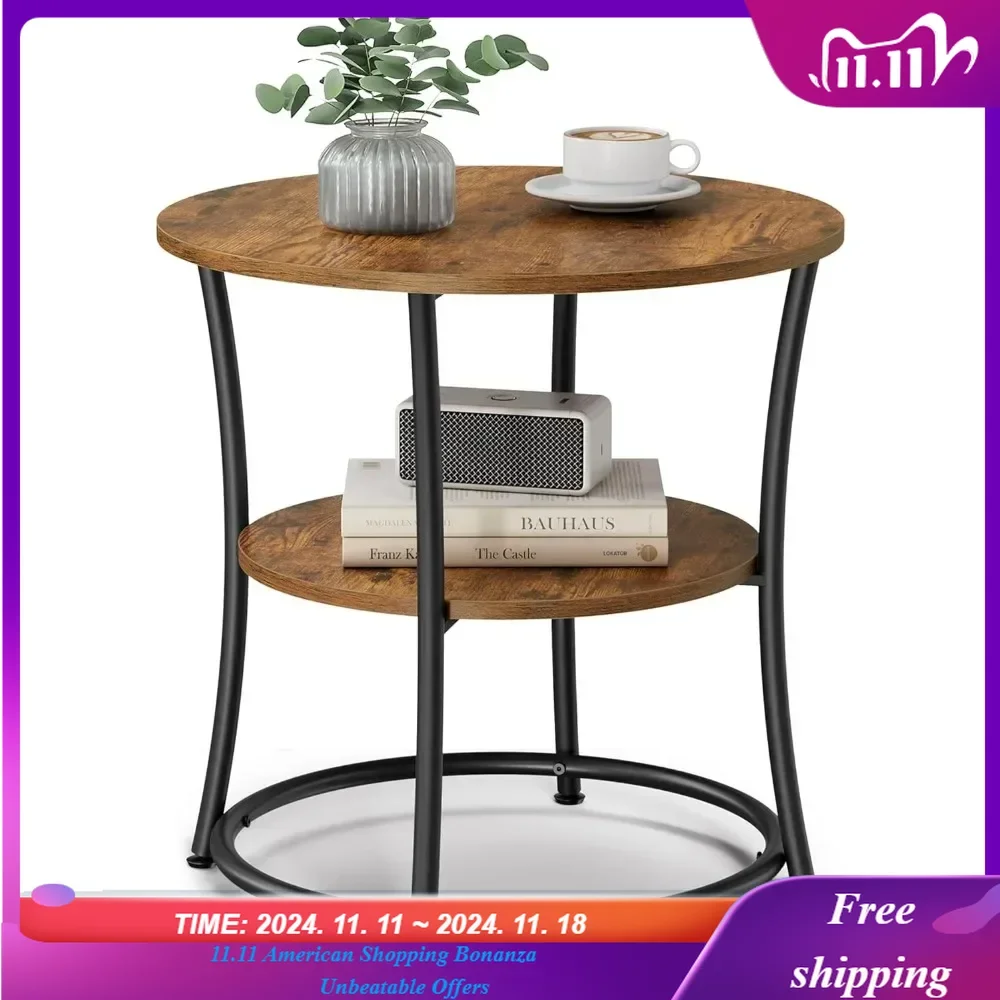 

Side Table, Round End Table with 2 Shelves for Living Room, Bedroom, Nightstand with Steel Frame for Small Spaces