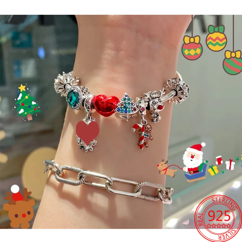 トナカイ-クリスマスジュエリー,オリジナルの車と木,チャーム,ハートビーズ,パンドラブレスレット,DIY s925シルバー,クリスマスプレゼント