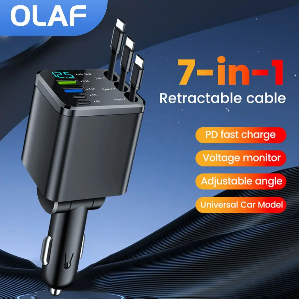 7 in 1 Car Charger with Retractable 3 Type C Cable Car Cigarette Lighter Adapter USB C To ios Cable For iPhone Xiaomi Samsung