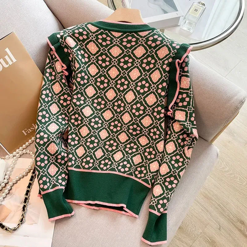 Ruffles Sweater Pullover Women Vintage Cartoon Embroidery Knitwear y2k Tops Female Spring Long Sleeve Woman Sweater Jumper