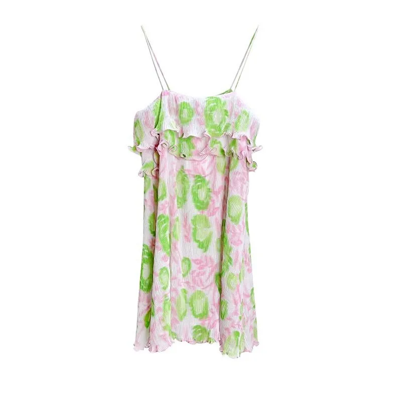 

Women Summer Chiffon Fresh Floral Print Hotsweet Double-Layer Ruffles Suspender Dress Cool Loose Chic Party Beach Style Vestidos