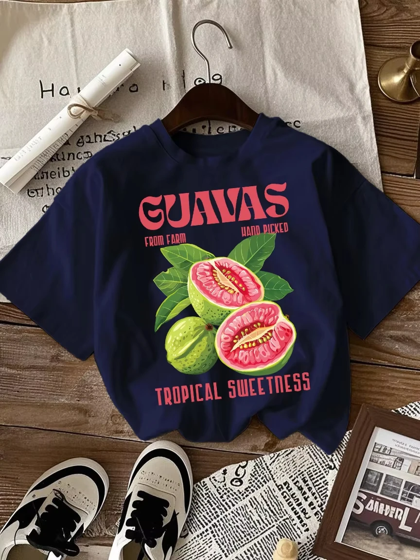 

Guavas Fruit From Farm Hand Picked Print T-Shirts Women Summer O-Neck Tee Shirt Cotton All-Match Short Sleeve Oversized Clothing