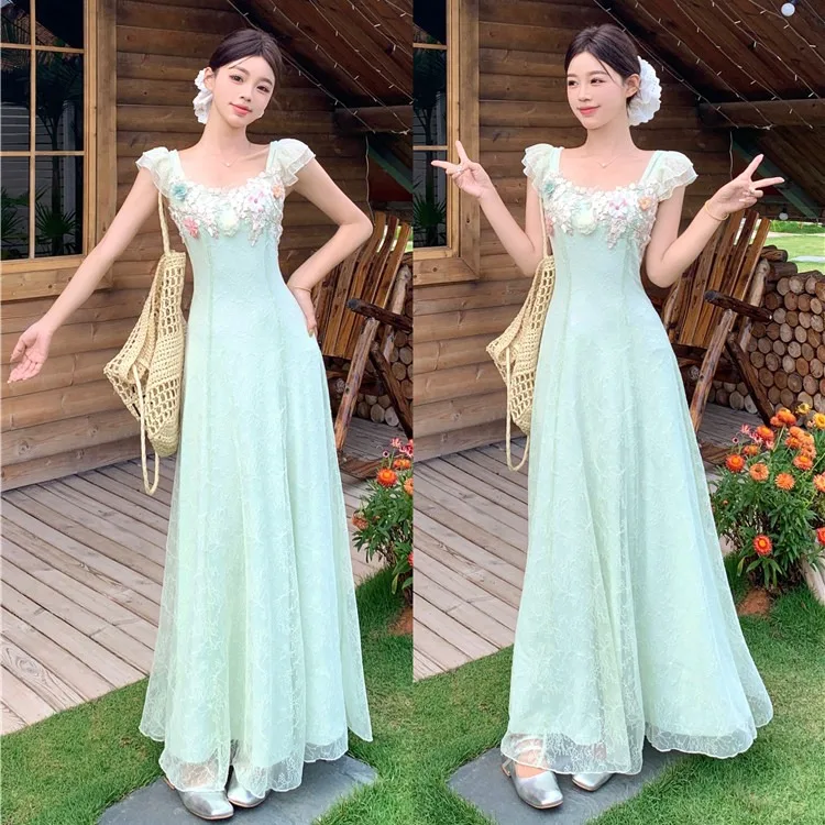 plus Size Lace Floral Short Sleeve Women's Dress Slimming Waist Beautiful Long A-Line Skirt Bohemian Style Summer Dress