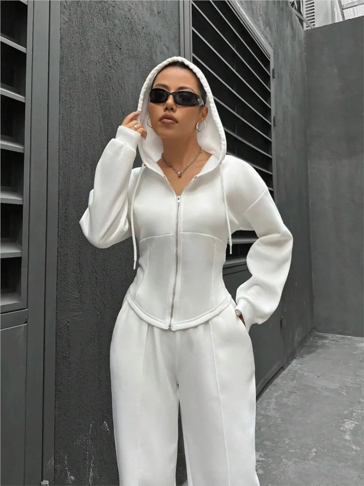 2024 Spring Autumn Women\'s New Two Piece Set Trendy Hooded Cardigan Fashion Zipper Slimming Casual Two Piece Set For Women