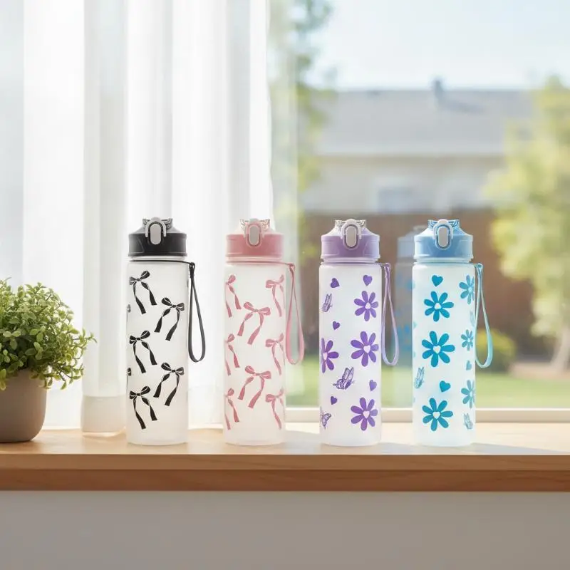 Cute Bowknot Pattern 800ML Matte PC Water Bottle Leakproof Spring Loaded Lid With Straw Carry Handle