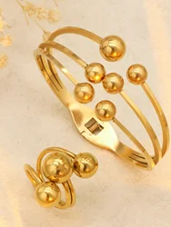 1set/2pcs Fashion Irregular Golden Ball Multi Layer Bracelets Stainless Steel Bracelet Ring Jewelry Set Women Unique Design
