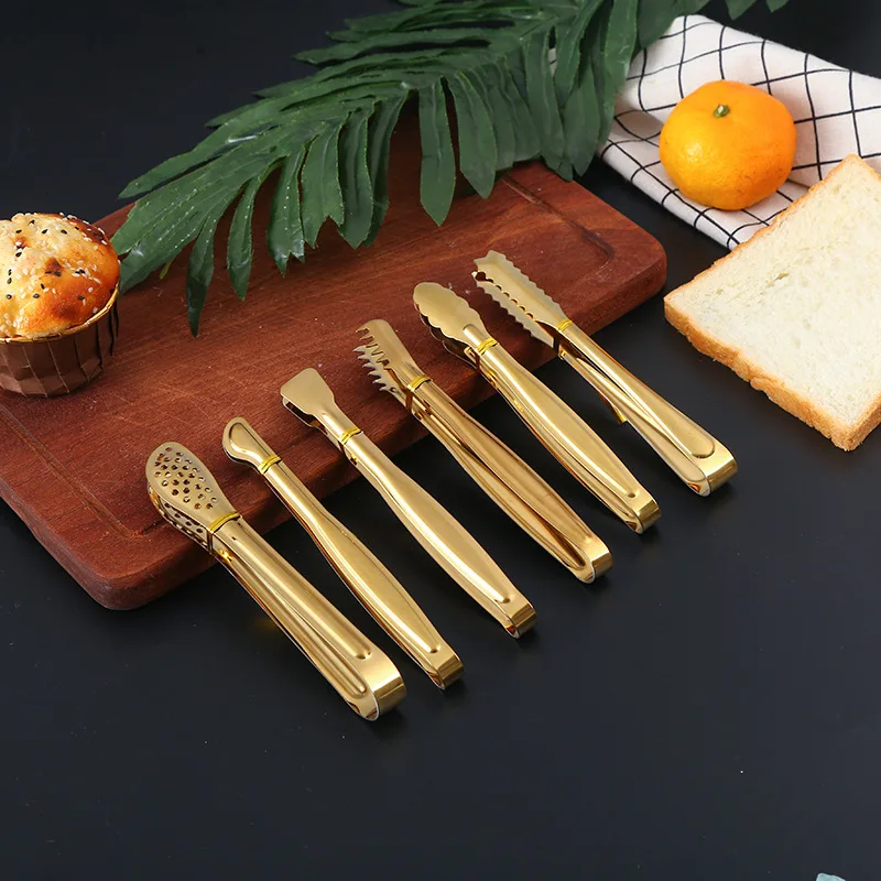 Gold Stainless Steel Food BBQ Tongs Kitchen Steak Clamp 7-Style Cake Meat Grilling Clip Serving Home Cooking Utensils