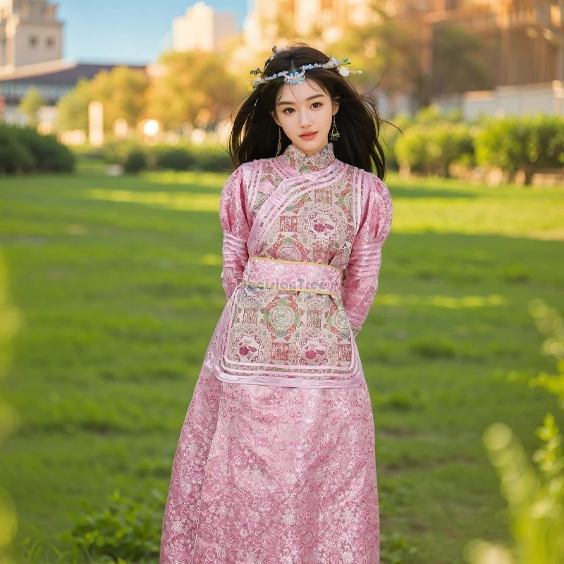 

2025 new chinese traditional national style women ethnic minorities clothes retro stand collar long sleeve printed robe dress