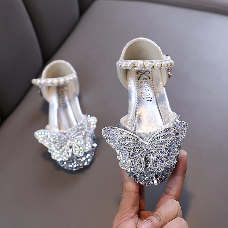 Summer Children Princess Mary Jane Sandals Rhinestone Pearl Little Girl Dress Shoes Non-slip Kids Flat Sandals for Wedding Party