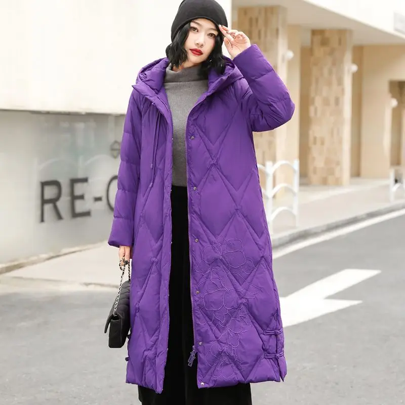 

2026 Winter New Women's Down Jacket Hooded Retro Embroidered Down Jacket