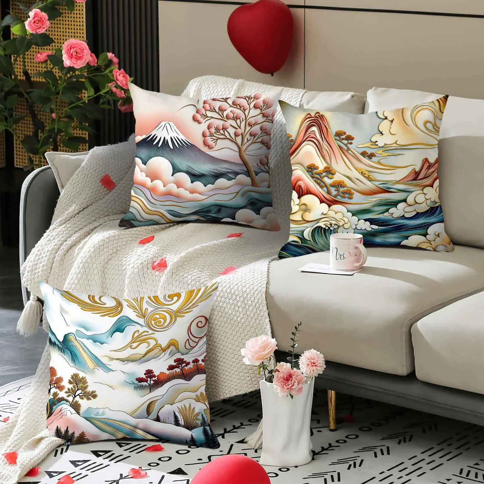 Mountain scenery with golden waves digital printing pillow cover Short plush Suitable living bedrooms sofas throw cushion cover