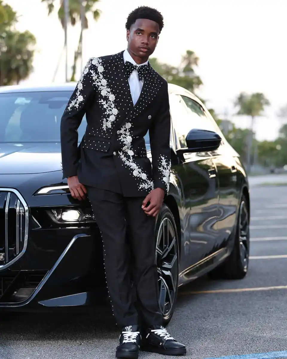 

Black Men Suits Set 2 Pcs Blazer+Pant Trousers Wedding Tuxedo Luxury Appliqued Beaded Formal Office Groom Prom Male Jacket Coat