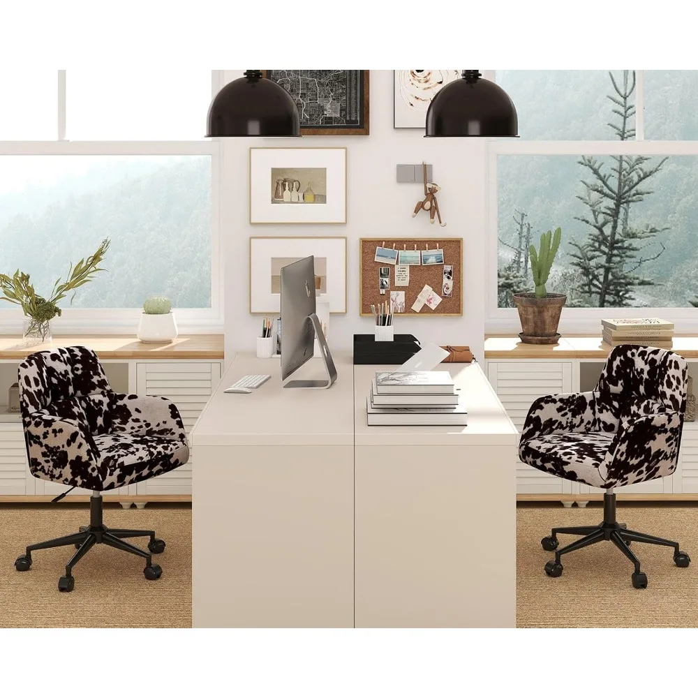 Ergonomic Cow Print Velvet Swivel Office Desk Chairs with Wheels and Arms, Comfortable Height Adjustable Set of 2 for Home Offic