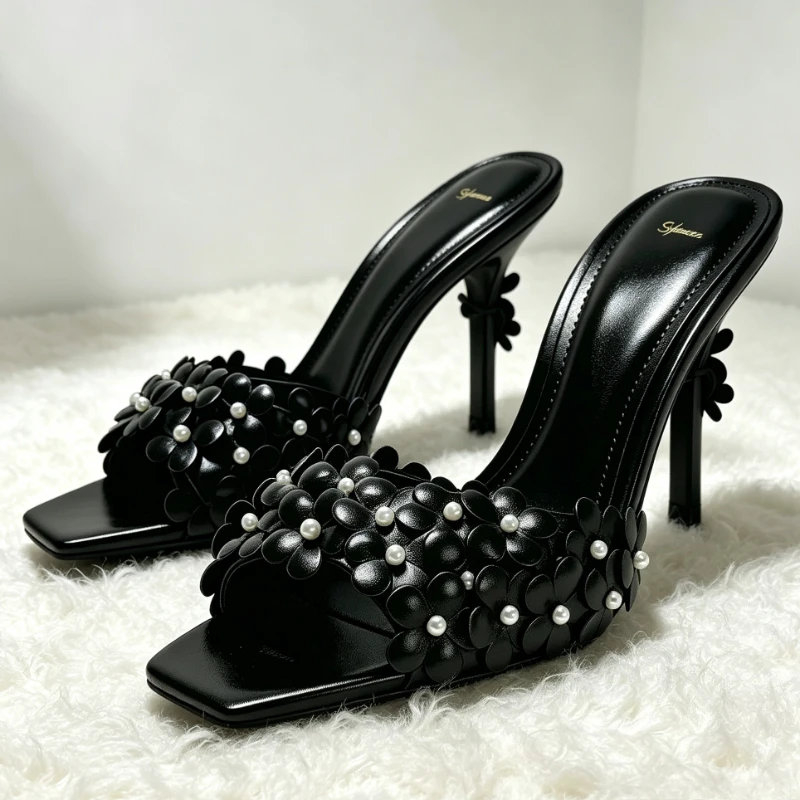 Luxury Floral Applique Pearl Detail Mules Sandals for Ladies Fashion Square Toe Stiletto Sandals Elegant Party Dress High Heels
