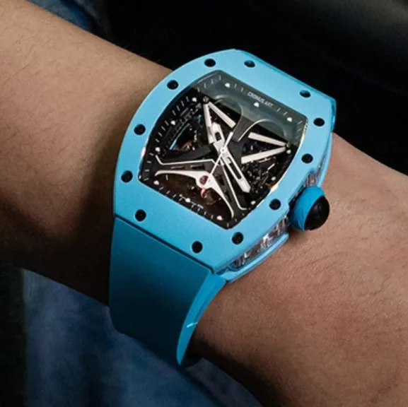 CRONUSART Men Automatic Watch Tonneau Mechanical Wristwatch Sapphire Mirror Luminous Skeleton Racing Dial Fluororubber Strap