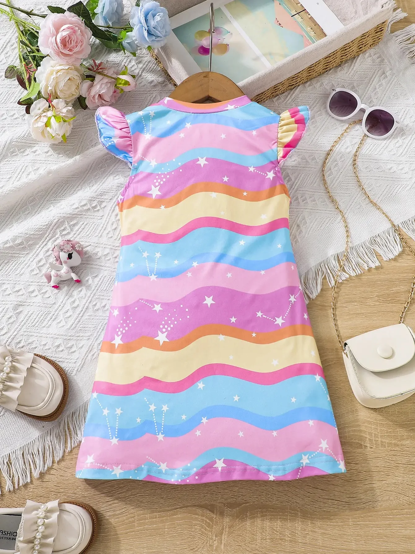 Kids Young Girl Unicorn Print Ruffle Trim Dress