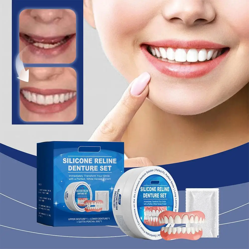 New High-end False Teeth Set Silicone Upper Lower Veneers Perfect Laugh Soft Denture Kit Repair Granules Teeth Gaps