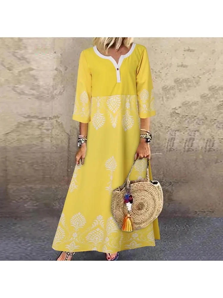 Women\'s Spring/Summer Fashion Middle Sleeve Printed Design Long Dress Loose Simple Button Dress Casual Versatile Long Dress