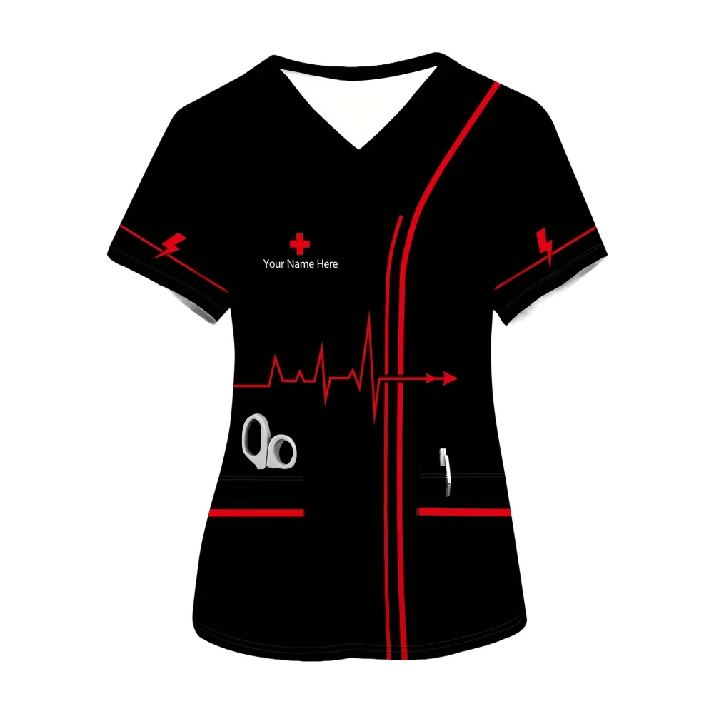 الزي الجراحي امرأة مريحة الخامس الرقبة قصيرة الأكمام جيوب أمامية مزدوجة قمم الممرضة تنوعا طباعة الزي السريري امرأة