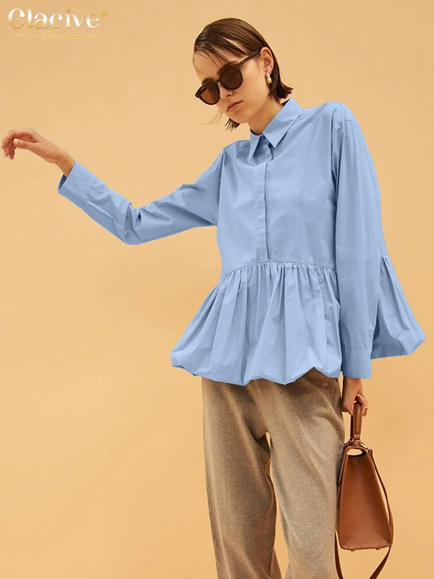 

Clacive Spring Loose Blue Cotton Women's Blouse 2026 Fashion Lapel Long Sleeve Shirt Elegant Classic Pleated Top Female Clothing