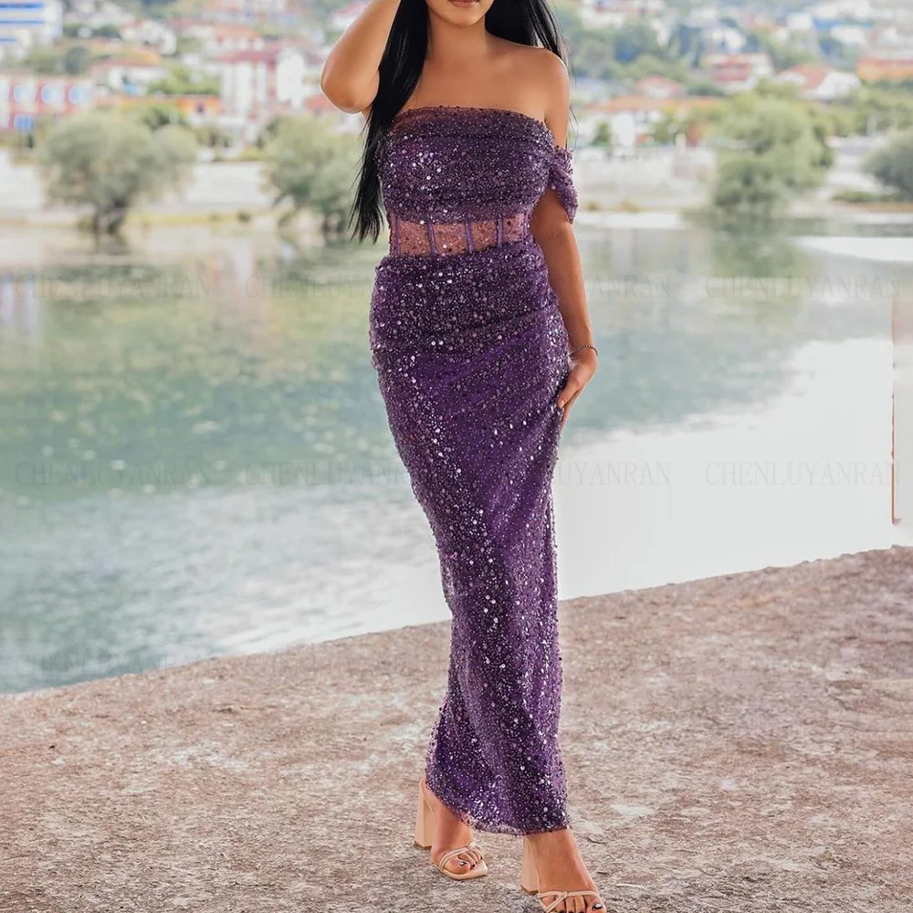 

Purple Sequin Formal Occasion Dresses 2024 Pleat One-Shoulder Long Party Dress Sexy Mermaid Evening Gowns فساتين مناسبة رسمية