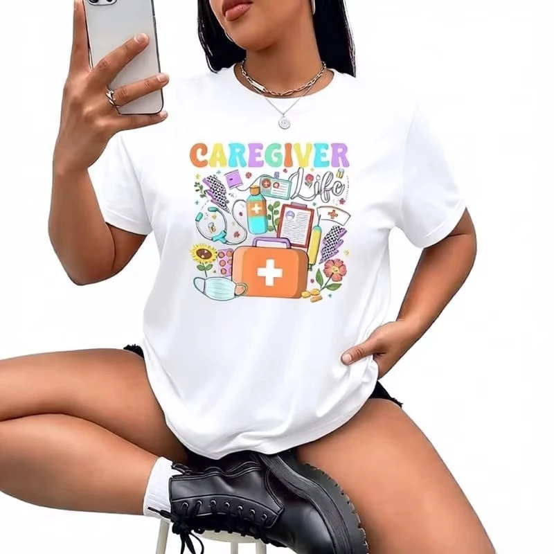 Unisex Men Women T Shirt Caregiver Life Medical Kit Print Short Sleeve Tee Casual Crew Neck Healthcare Worker Graphic T-shirt