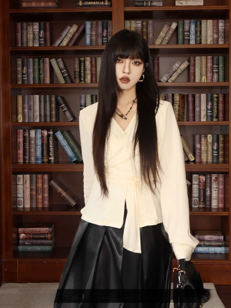 

Для похудения V-Ne Long Sve с перекрестной завязкой на талии, дизайн French Sle Cotton irt, женский модный осенний топ, дышащий, удобный