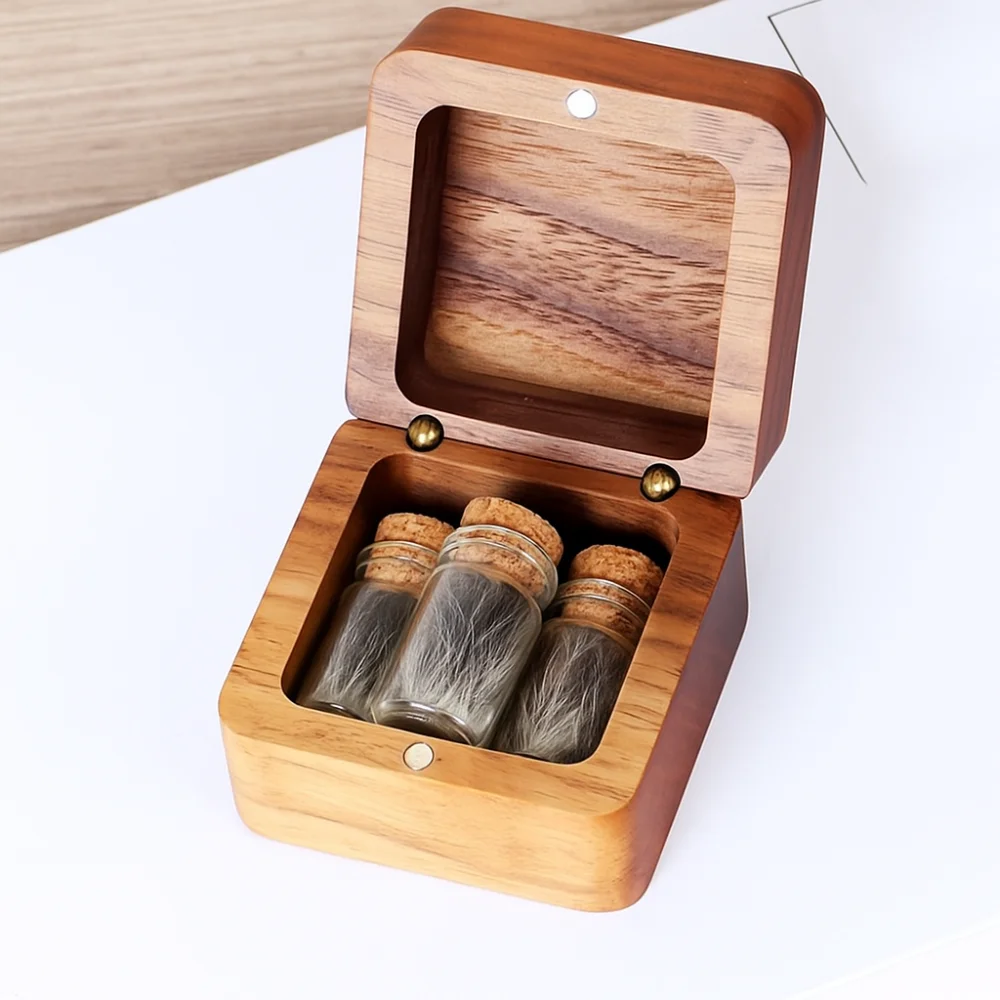 صندوق تذكار خشبي لشعر الحيوانات الأليفة، صندوق تخزين الحبل السري لشعر الطفل الكرتوني الإبداعي، حاوية تذكارية محمولة مقاومة للغبار