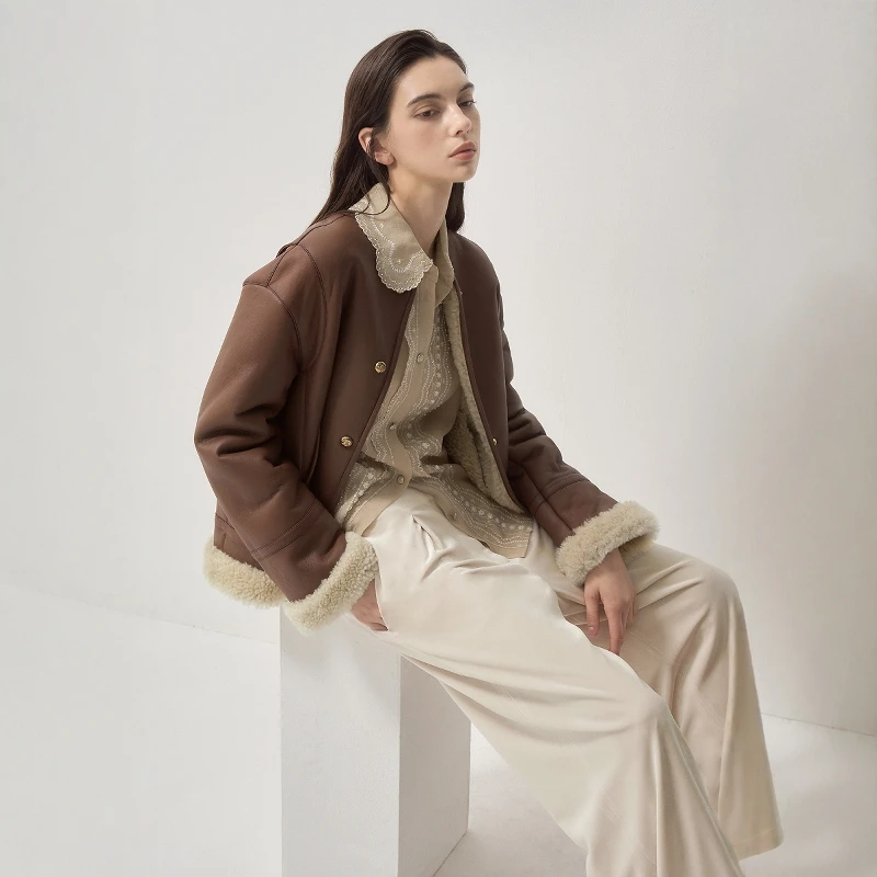 Winter vrouwen Lam Bont Jaet PU Leer eapenvacht Jas Collarl Een Stuk Nep Bont Bovenkleding ort Top 2024