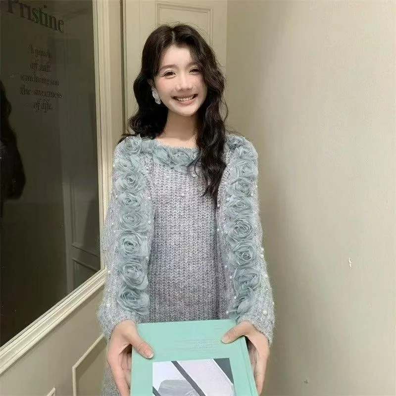 New fashion Dress for Overweight Girls Laid-back Style Knitted Rose with Cutouts Long-sleeved Plus-size Women Dress 2026 Winter