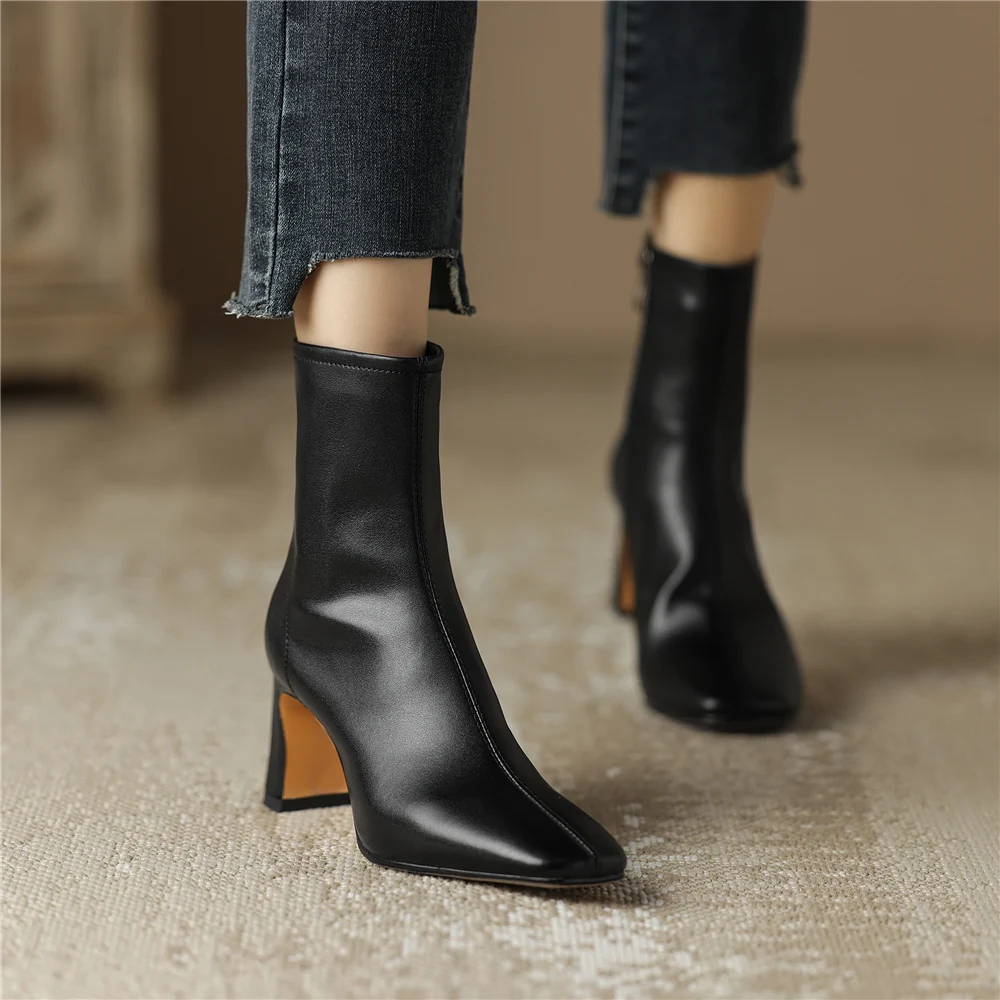 FEDONAS Newest High Heels Women Short Boots Elegant Square Toe Office Lady Shoes Woman Genuine Leather Side Zipper Autumn Winter