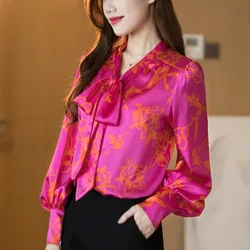 Spring and Autumn Women's V-neck Bow Print Lantern Sleeves Loose Fit Bottom Cardigan Fashion Casual Elegant Commuter Tops