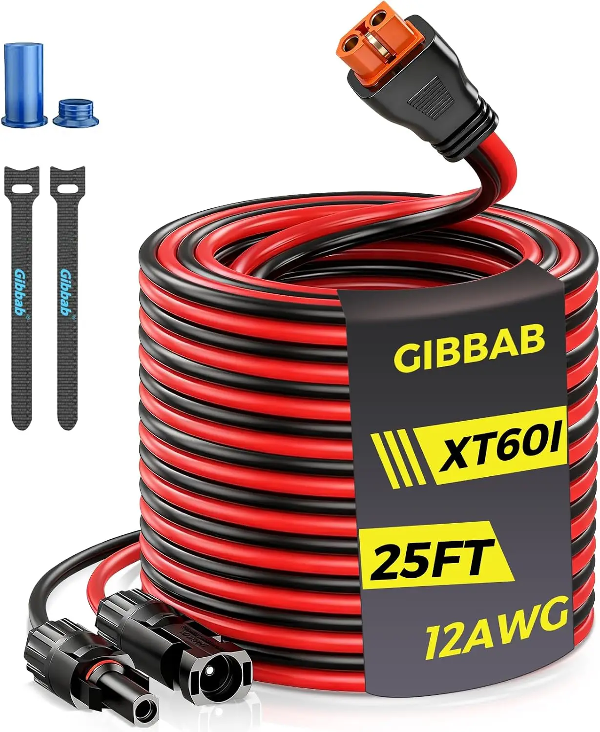25FT 12AWG Solar to XT60i, 3 6 10 16 20 25FT Solar Panel Connector to XT60i-F Adapter Extension Charging Cable with Caps