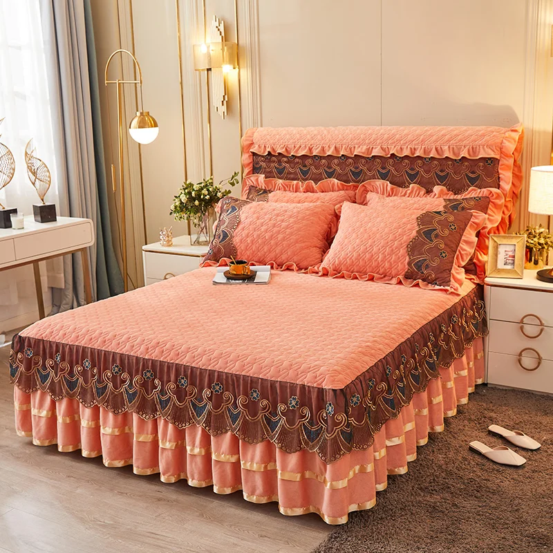 Luxury Lace Orange Winter Bedspread Thick Home Bed Skirt-style Bed Sheets Embroidery Cotton European-style Bed Spreads