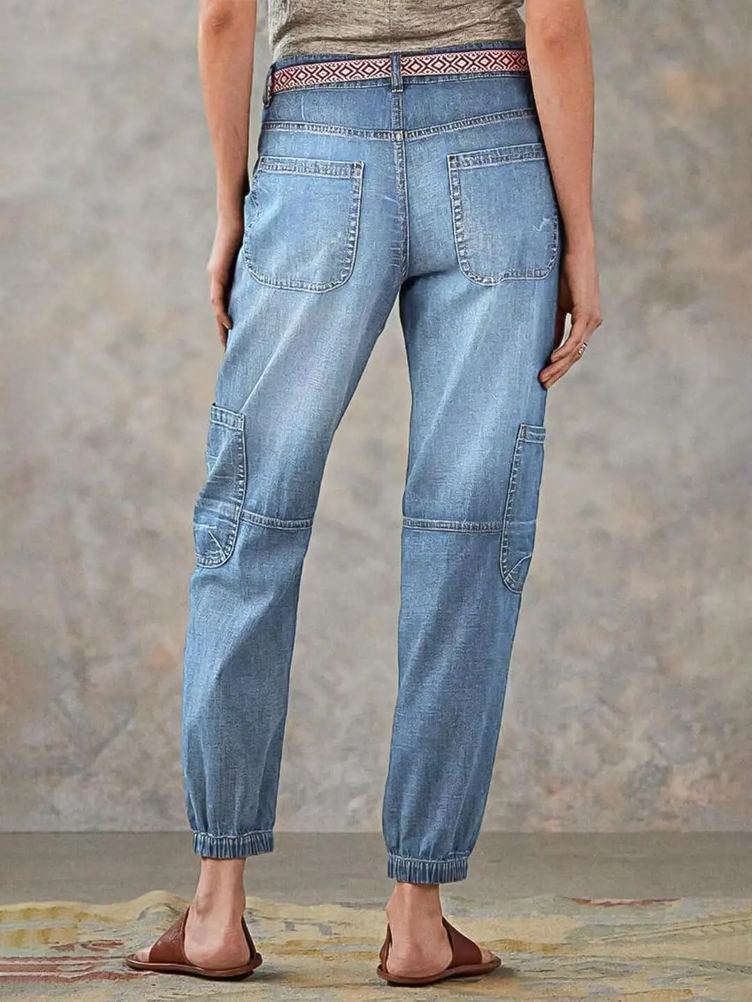 【HME】กางเกงยีนส์ผู้หญิงกลางต้นขาพร้อมเข็มขัด, กระเป๋าใส่ชุดทำงานสไตล์วินเทจ, กางเกงยีนส์ฟอกและทำลาย