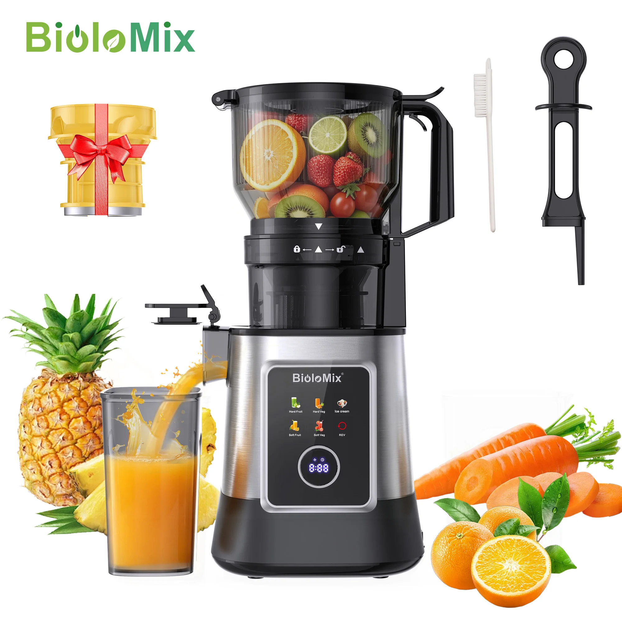 BioloMix 3-in-1 Multiple Electric Fruit Slow Juicer, 150MM Feed Chute Juice Extractor, With 300W Powerful Motor Digital Display