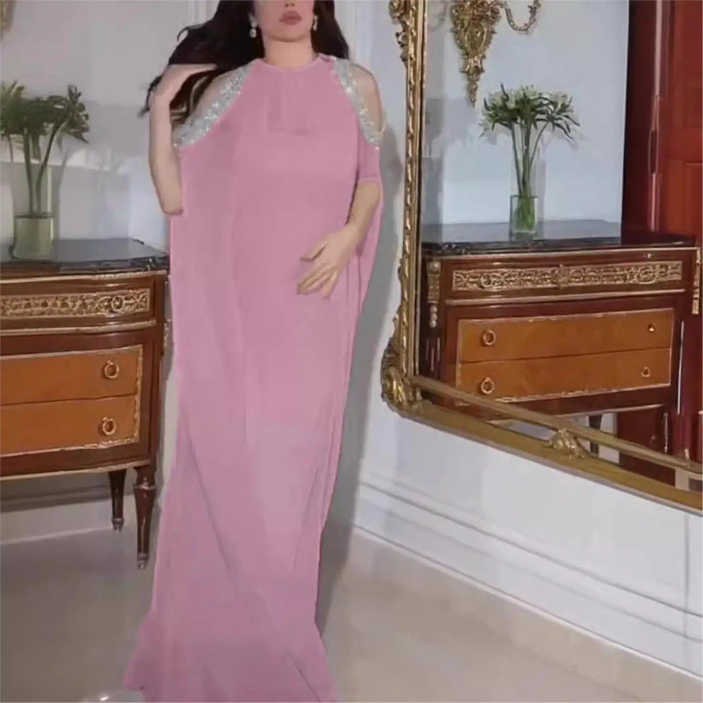 ربيع وصيف 2024 الشرق الأوسط الإحساس awl مطرز الشيفون مساء الدكتور قطعتين مجموعة عالية الخصر طويلة Sve ملابس رسمية