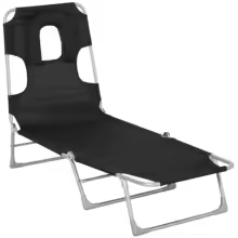 Tumbona plegable con respaldo ajustable y agujeros para cara y brazos.