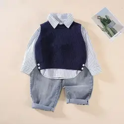 Boys' Spring and Autumn Set Children's Sweater+Vest+Jeans Three piece Set 2025 New Style 1-5 Year Old Boys' Baby 3 Pcs